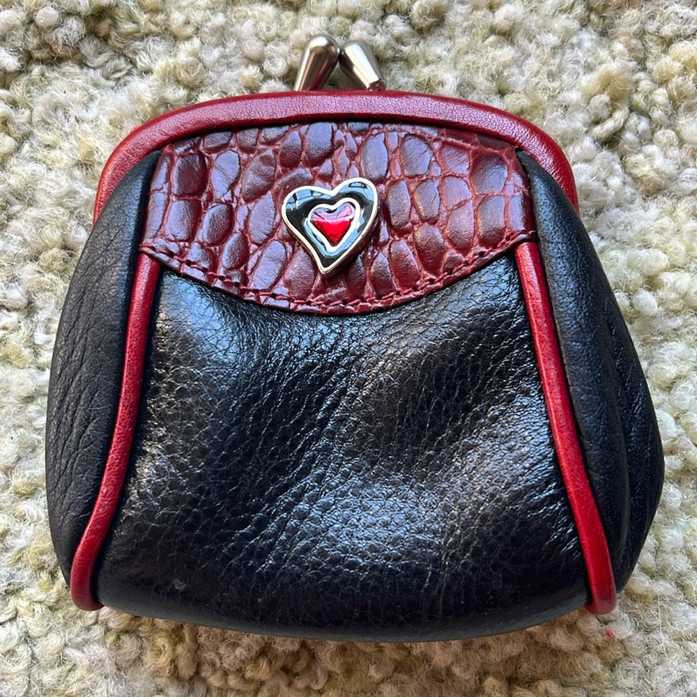 Brighton Black and Red Leather Kiss-Lock Coin Purse with Heart Charm
